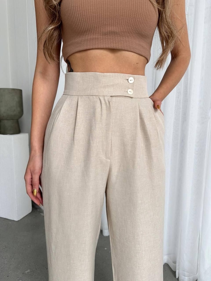 Nova Keten Kumaş Palazzo Pantalon Bej