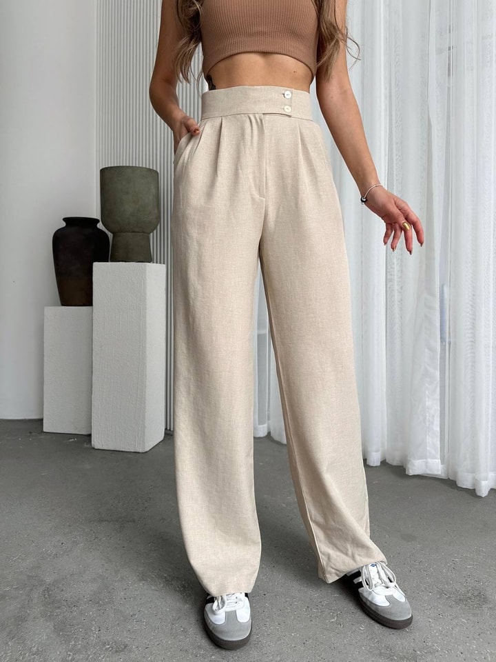 Nova Keten Kumaş Palazzo Pantalon Bej