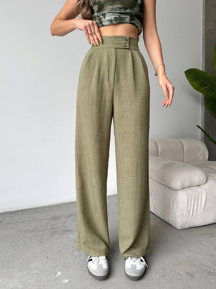 Nova Keten Kumaş Palazzo Pantalon Haki Yeşil