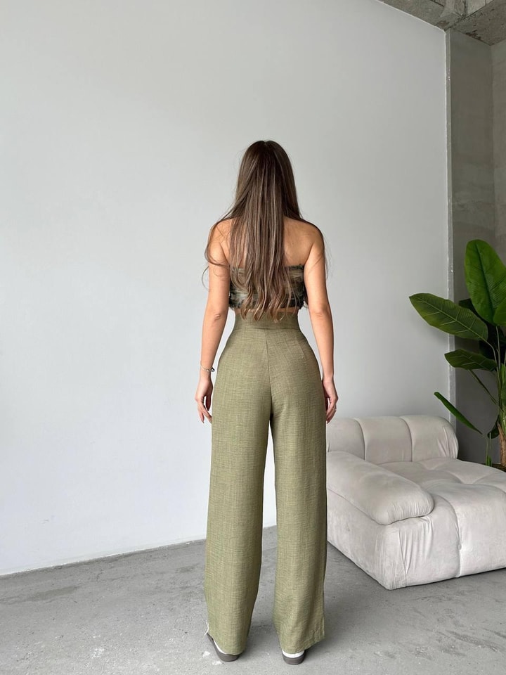 Nova Keten Kumaş Palazzo Pantalon Haki Yeşil