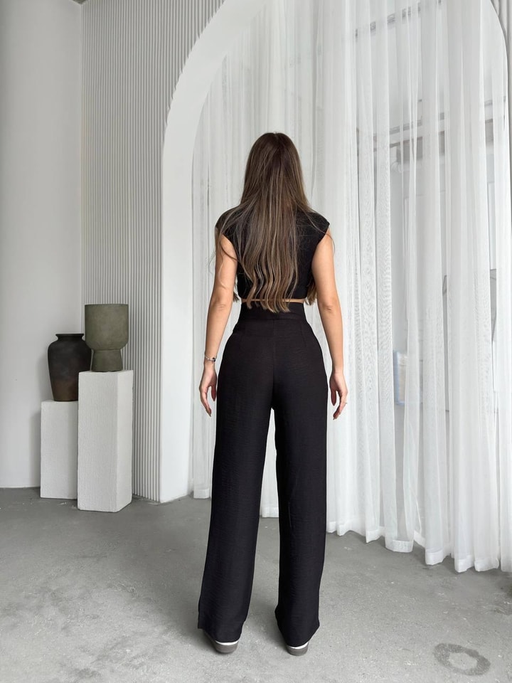 Nova Keten Kumaş Palazzo Pantalon Siyah