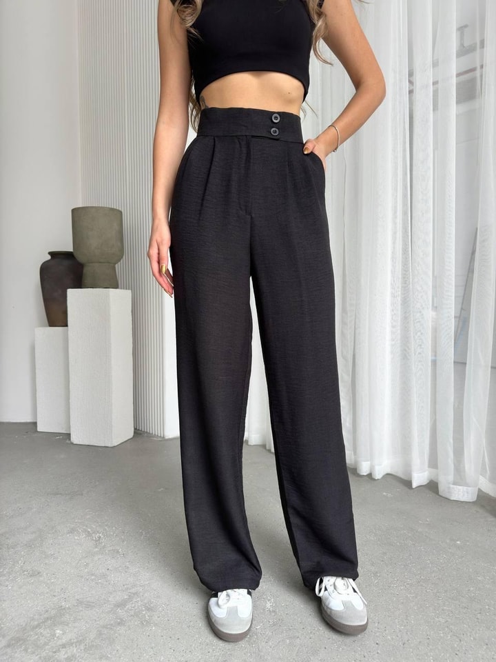 Nova Keten Kumaş Palazzo Pantalon Siyah