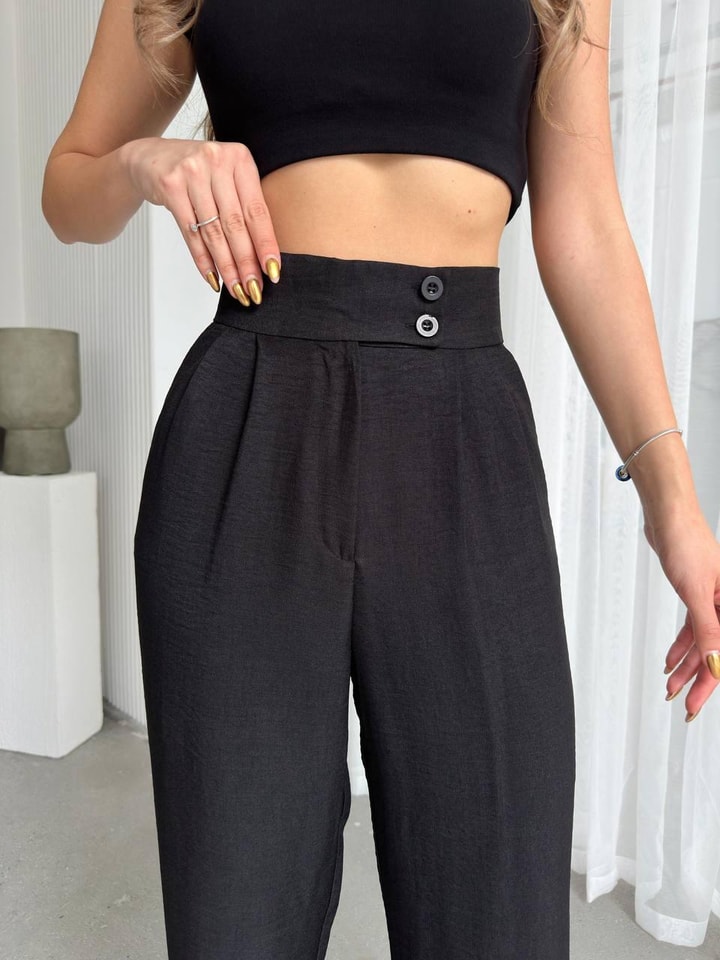 Nova Keten Kumaş Palazzo Pantalon Siyah