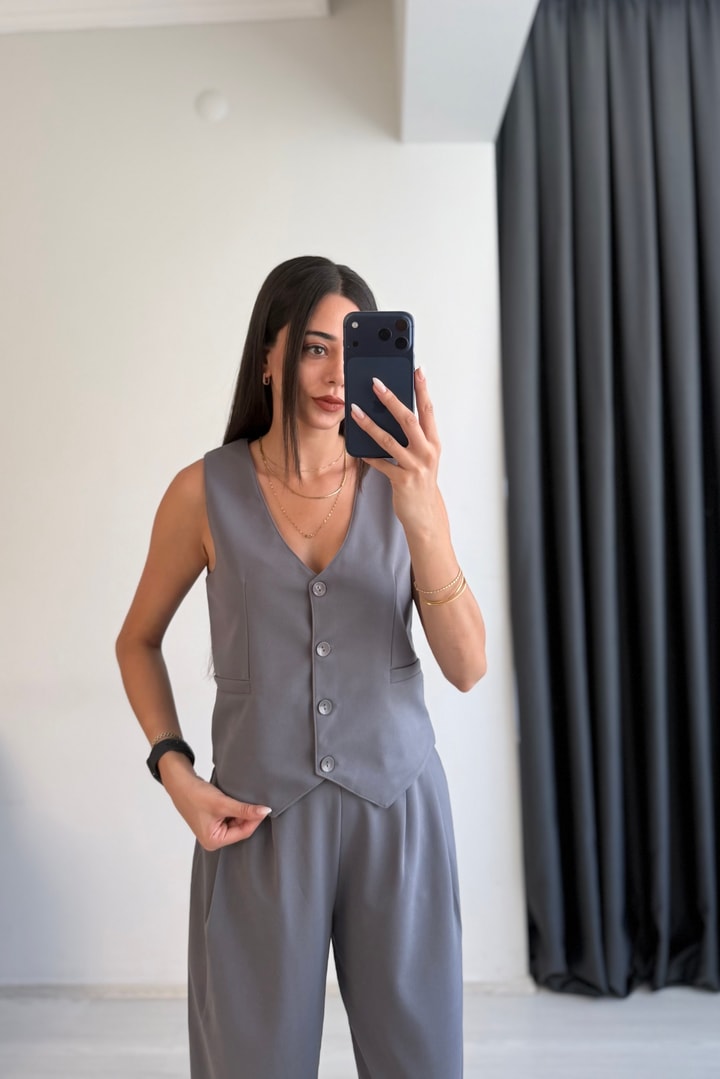 Odete Likralı Pantalon Ve Yelek Füme Takım