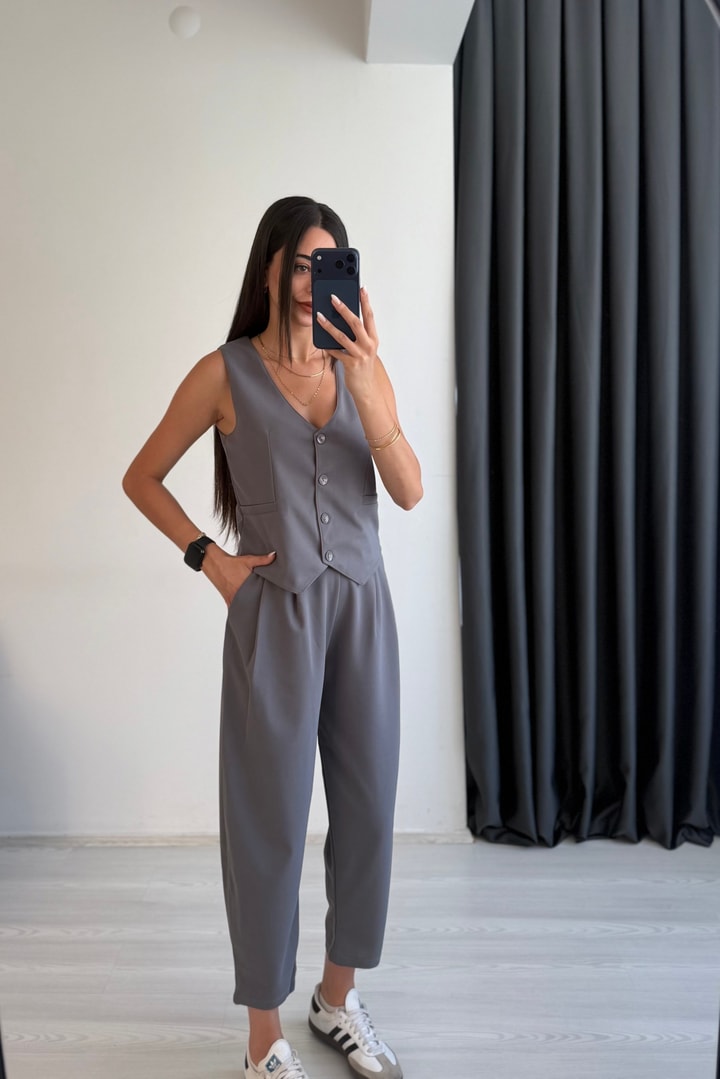 Odete Likralı Pantalon Ve Yelek Füme Takım