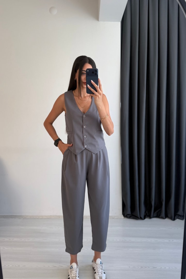 Odete Likralı Pantalon Ve Yelek Füme Takım