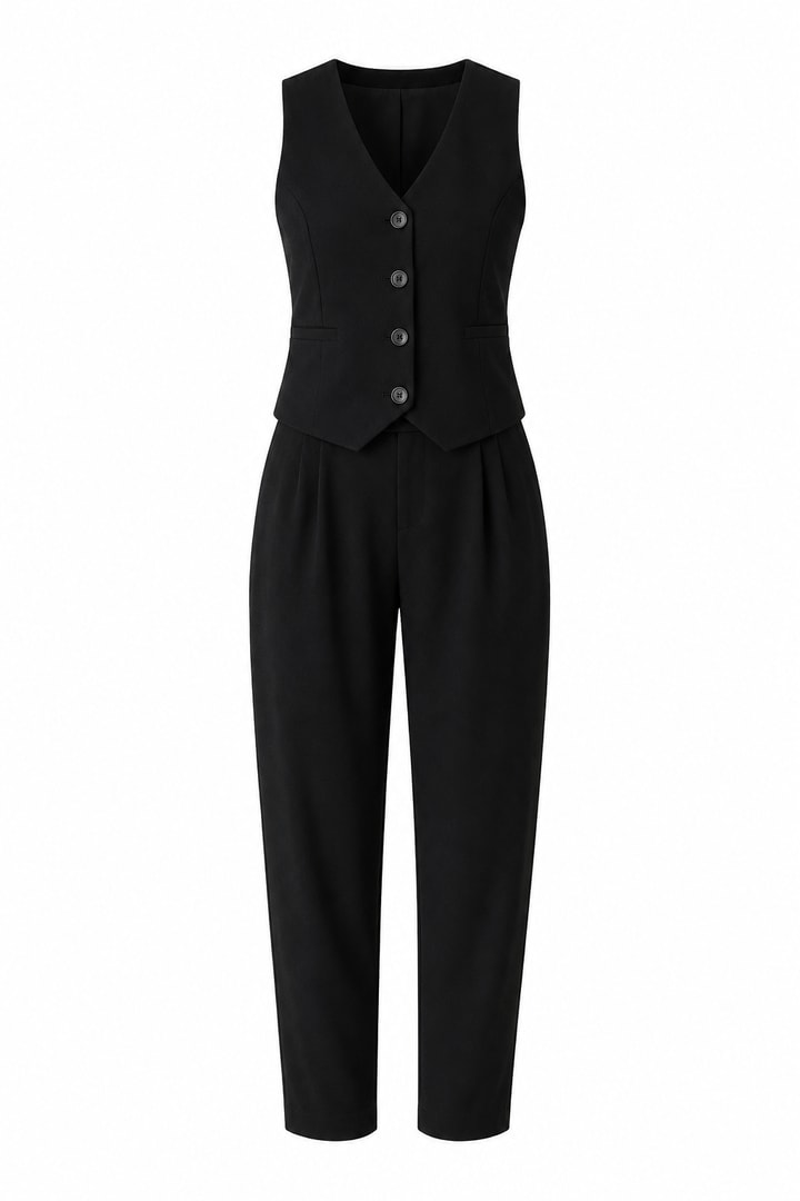 Odete Likralı Pantalon Ve Yelek Siyah Takım
