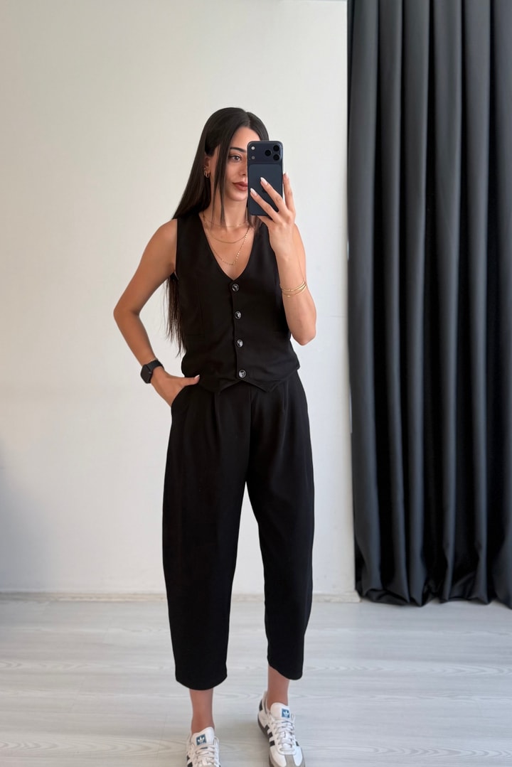 Odete Likralı Pantalon Ve Yelek Siyah Takım