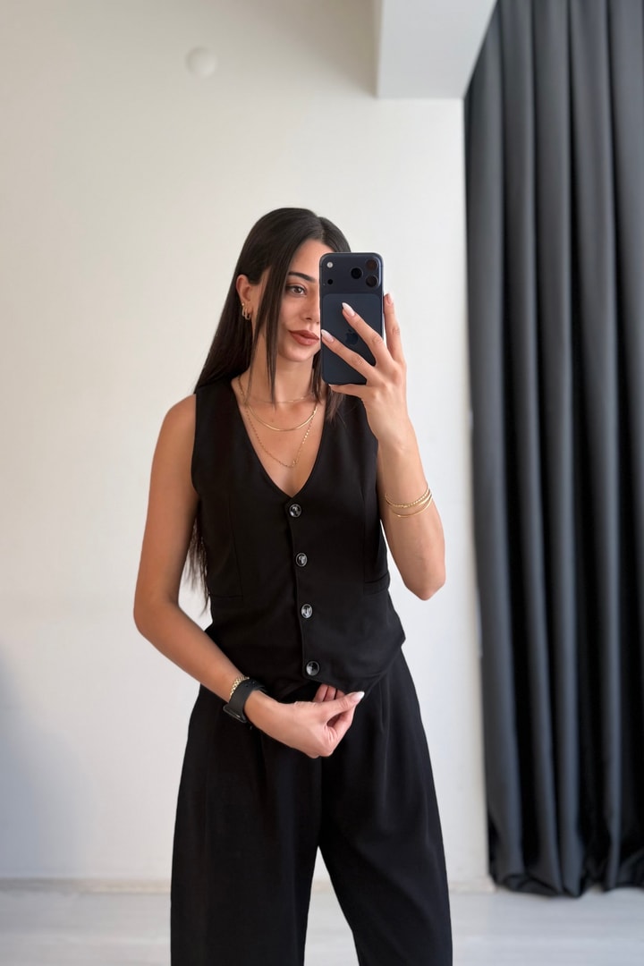 Odete Likralı Pantalon Ve Yelek Siyah Takım