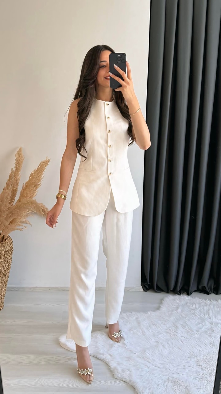 Odimu Keten Çizgili Yelek Pantalon Takım 