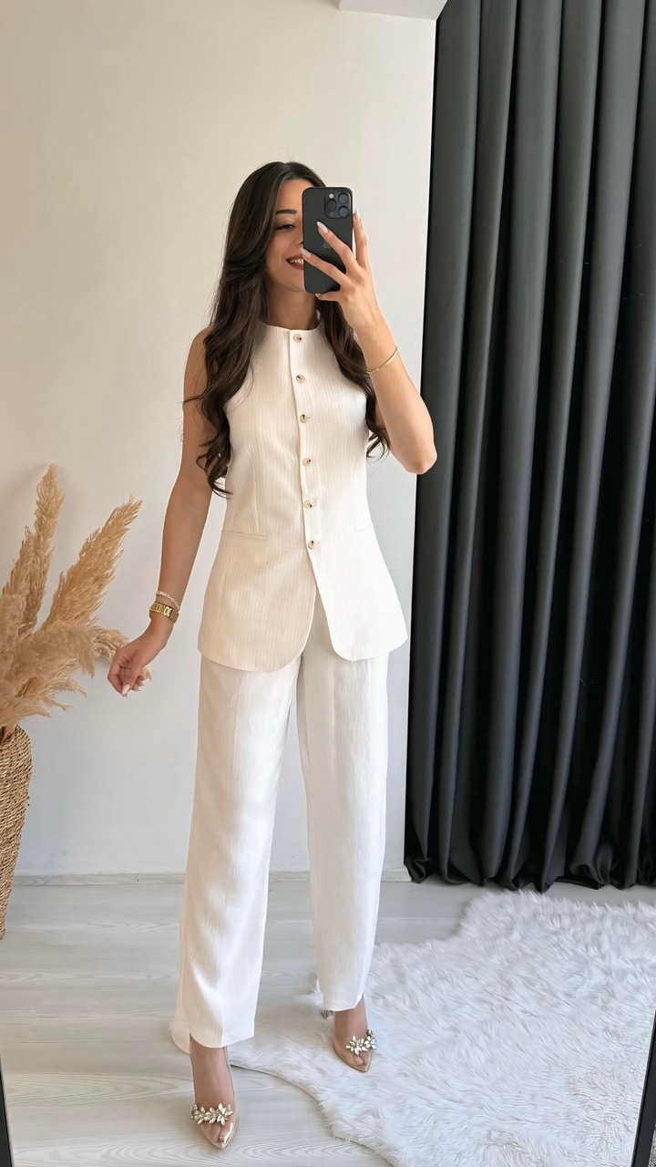 Odimu Keten Çizgili Yelek Pantalon Takım 