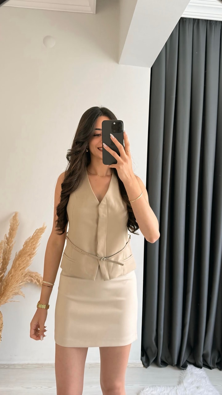 Ofelia Bej Kemerli Sıfır Etekli Yelekli Takım