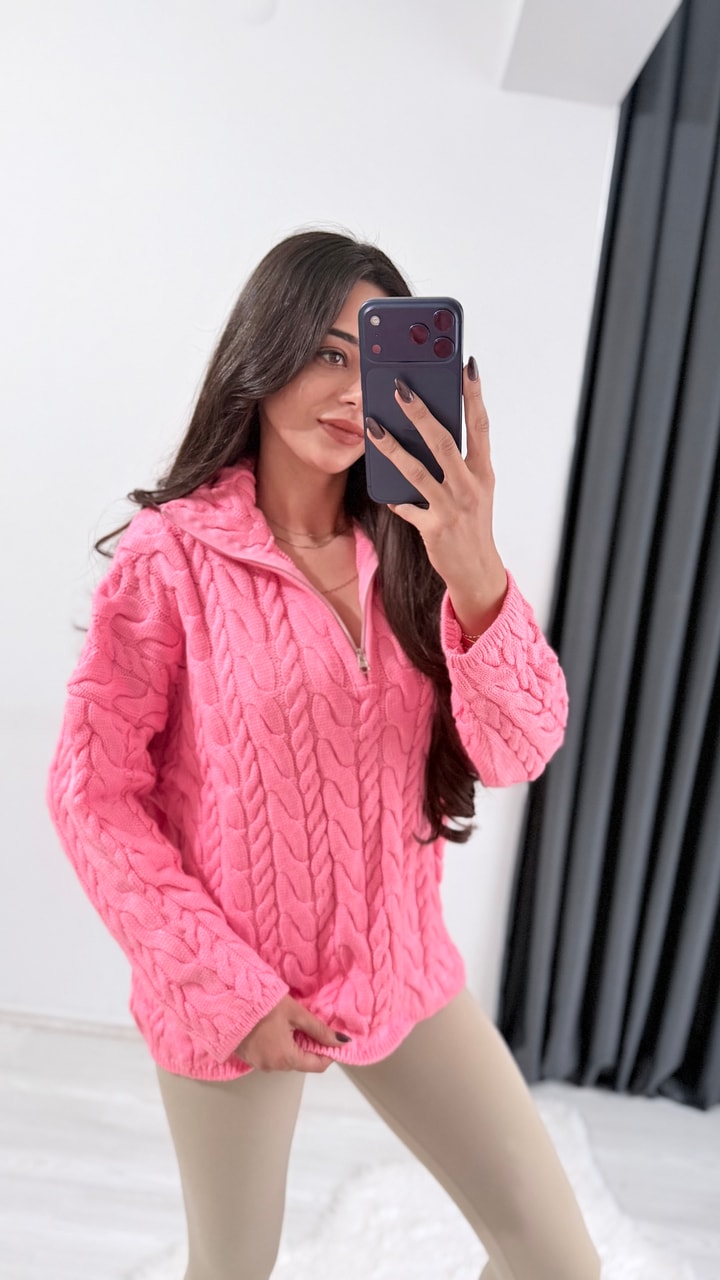 Olwe Örmeli Fermuarlı Triko Kazak Pembe