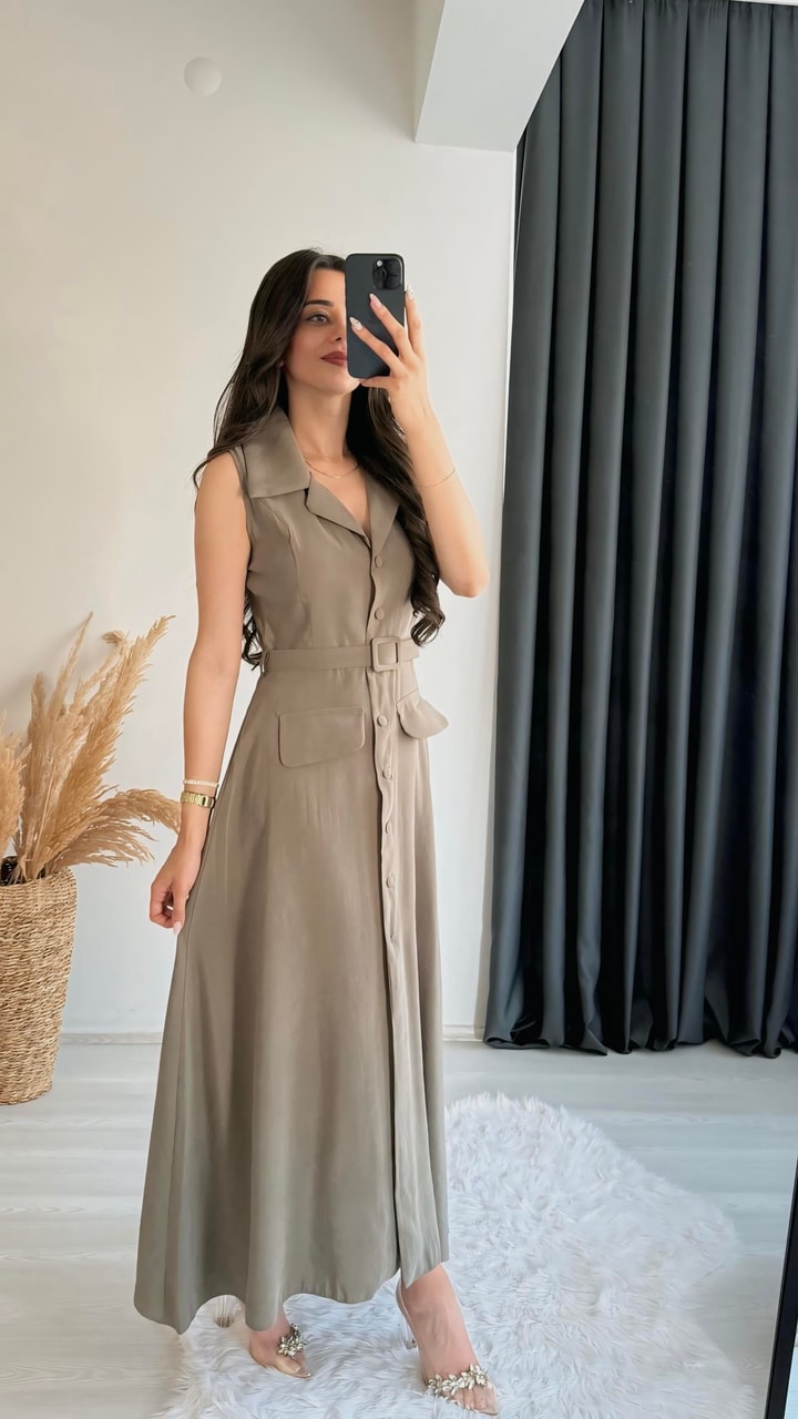 Olyvia Tensel Kumaş Lüx Kalite Düğmeli Kemerli Maxi Elbise Haki