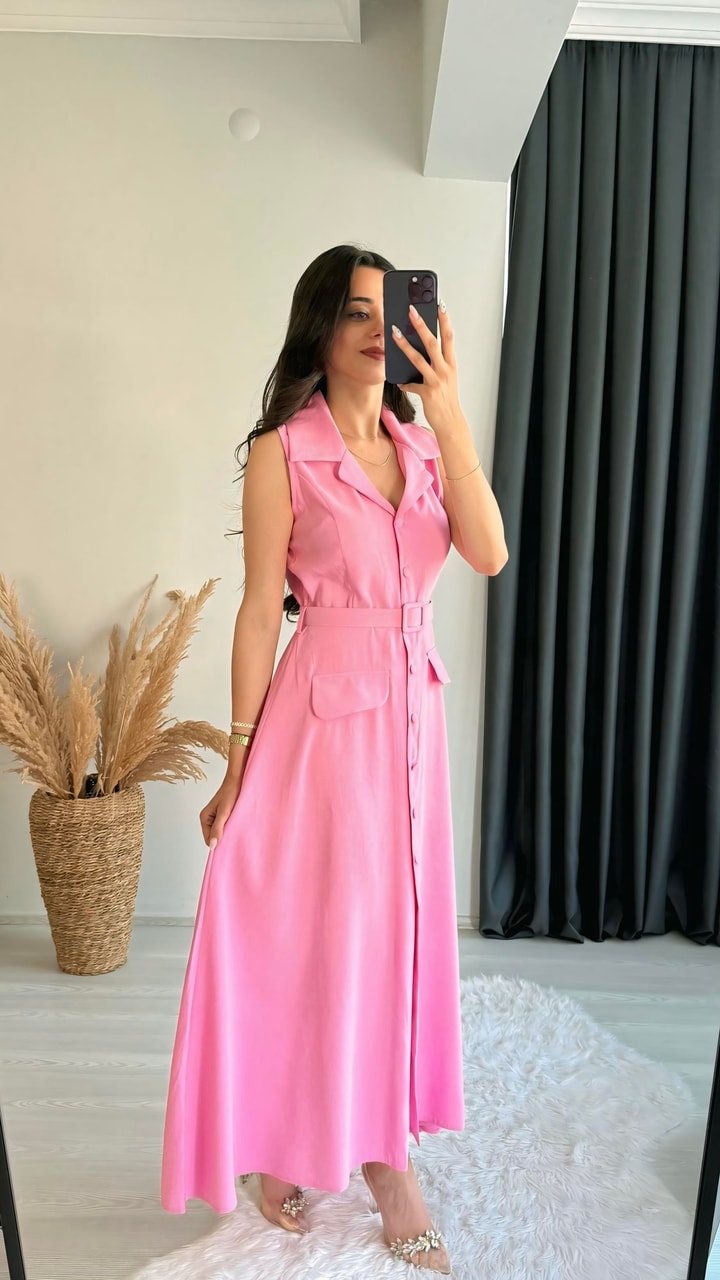 Olyvia Tensel Kumaş Lüx Kalite Düğmeli Kemerli Maxi Elbise Pembe