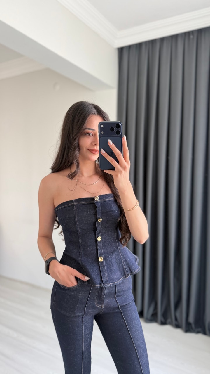 Oriante Denim Straplez Volanlı Takım