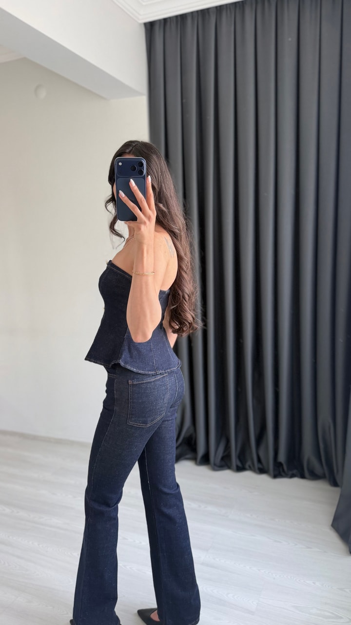 Oriante Denim Straplez Volanlı Takım