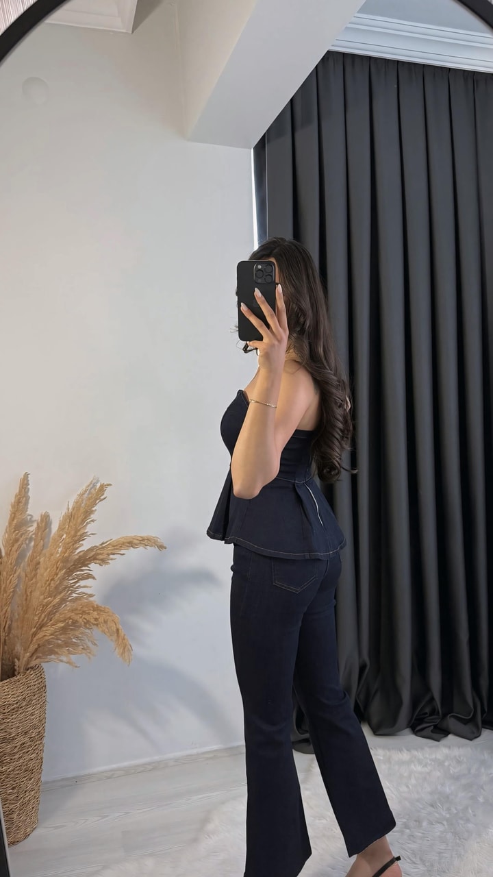 Oriente Denim Straplez Volanlı Takım