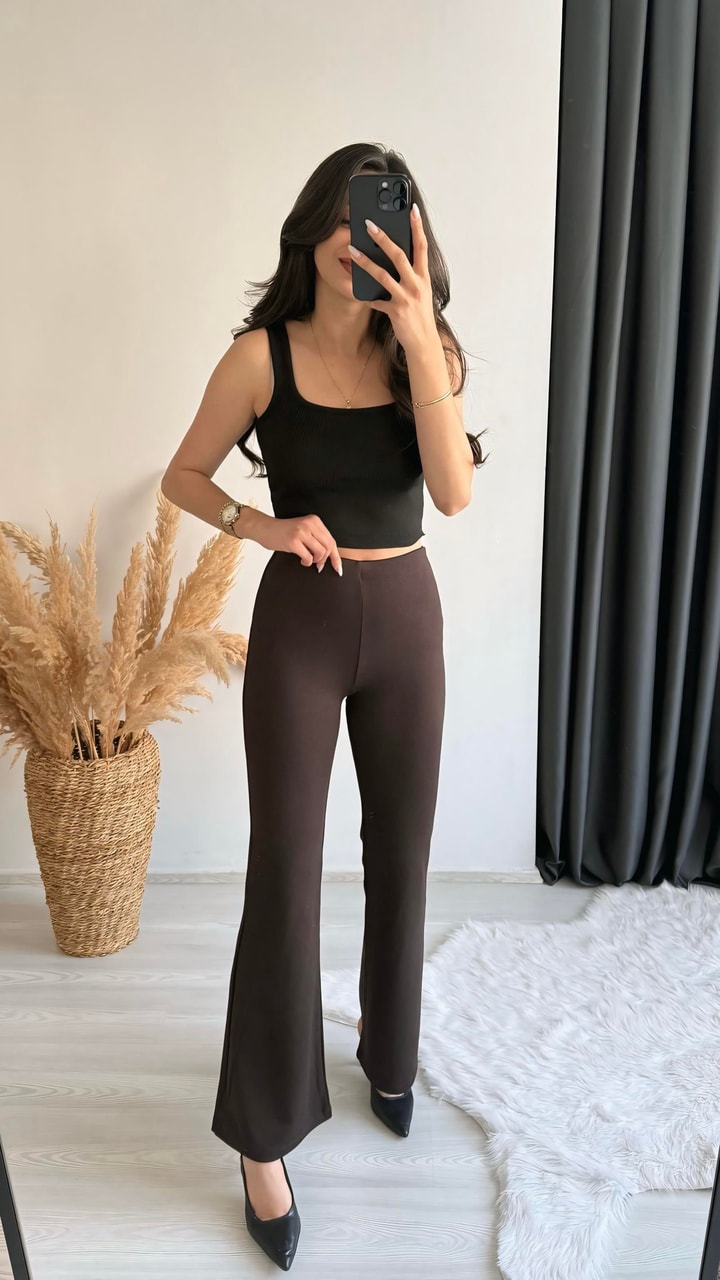 Oysh Model Penye Kaşkorse Likralı Relax Kahve Pantalon