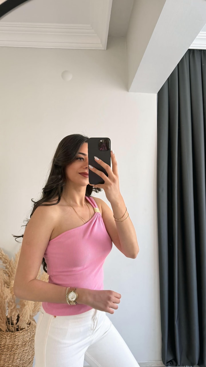 Pint Omuz Tokalı Crop Bluz Pembe