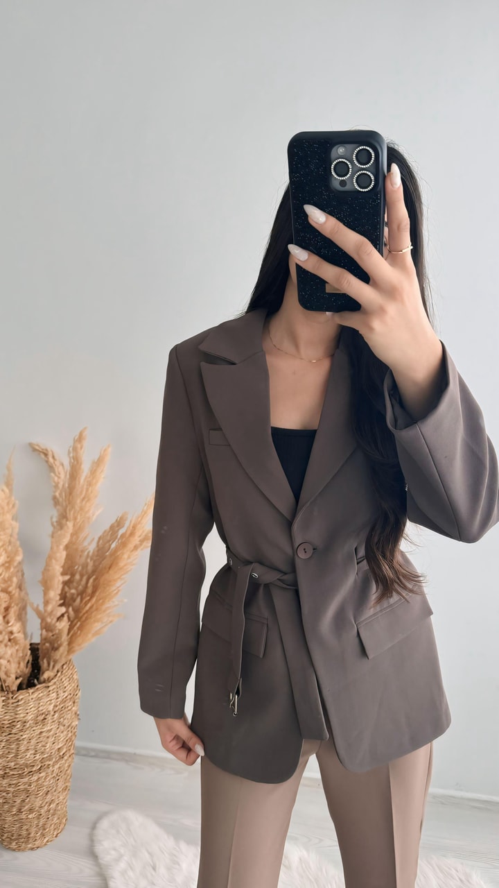 Premium Kalite Kemerli Astarlı Double Kalın Kumaş Blazer Ceket Kahve