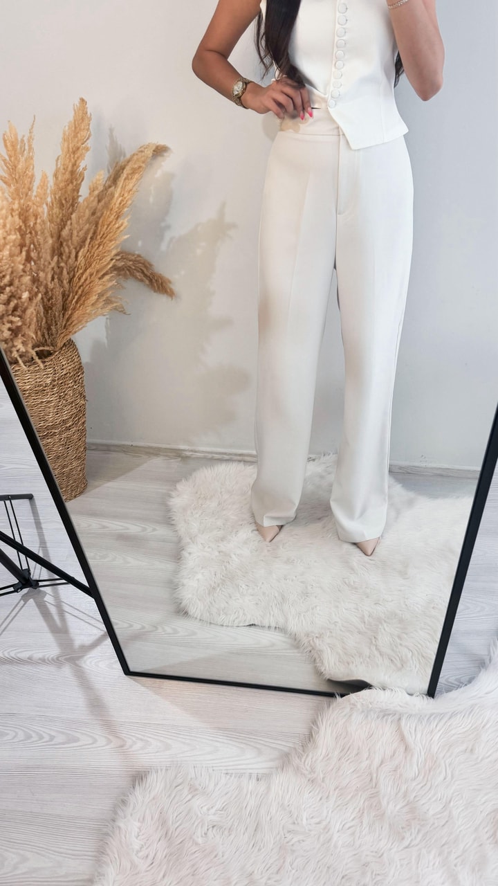 Premium Seri Kalın Kumaş Double Atlas Palazzo Kırık Beyaz