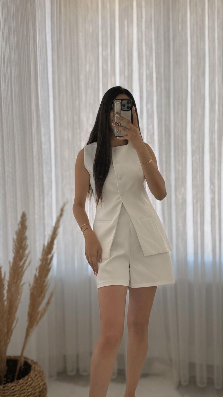 Premium Seri Pinterest Model Şort Yelek Takım Beyaz