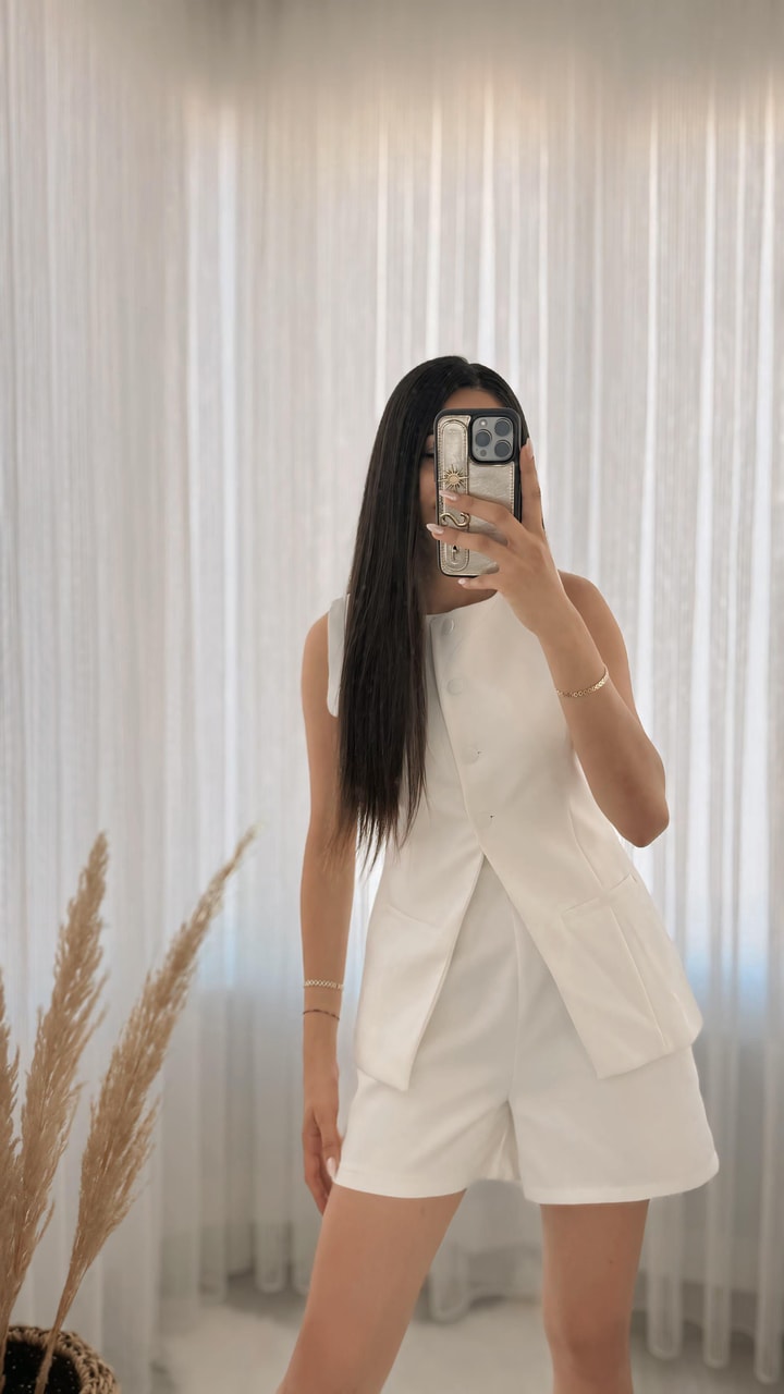 Premium Seri Pinterest Model Şort Yelek Takım Beyaz