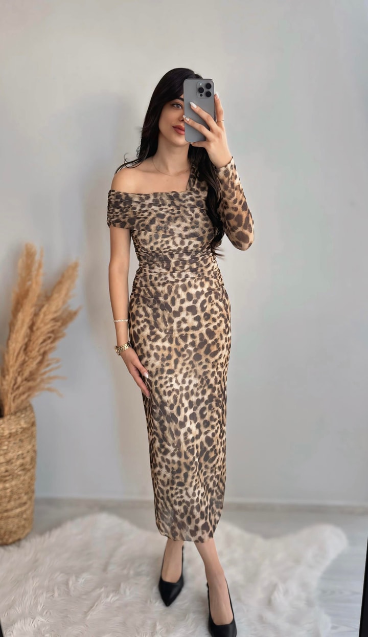 Quade Leopar Desenli Drape Detaylı Tül Midi Elbise 