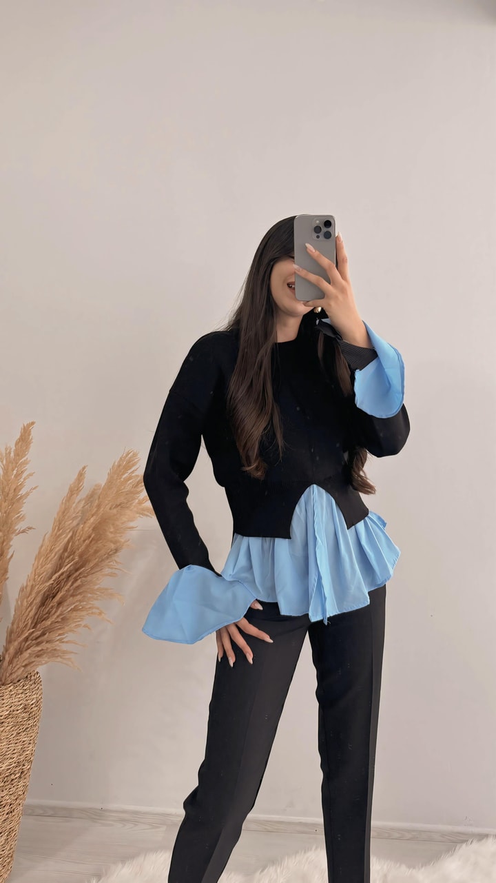 Rani Mng Model Gömlekli Tasarım Triko Siyah Mavi