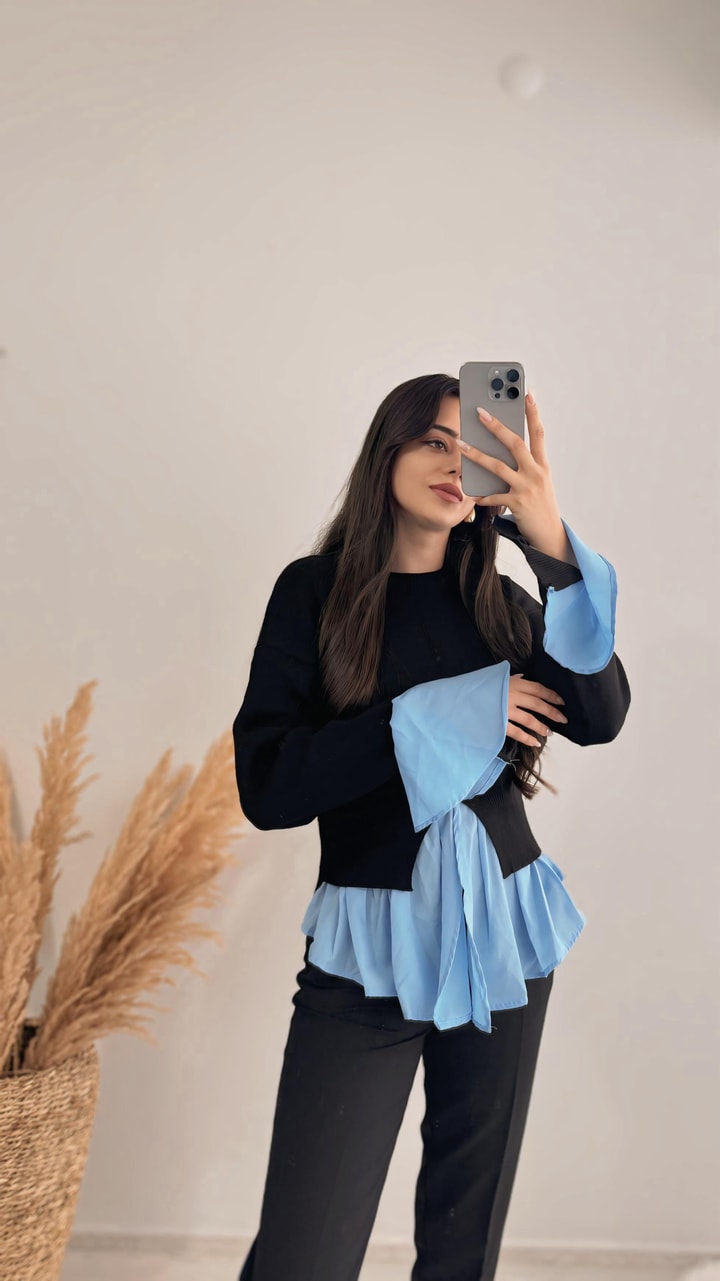 Rani Mng Model Gömlekli Tasarım Triko Siyah Mavi