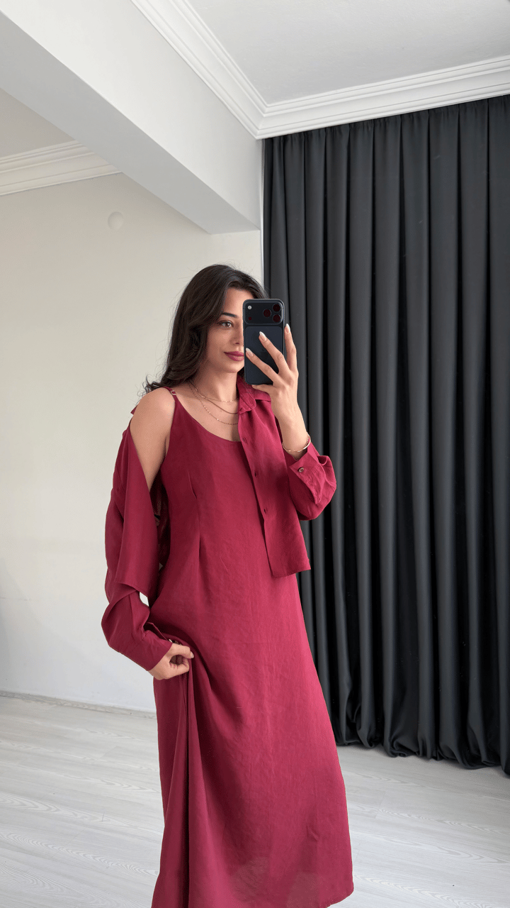 Reva Tensel Kumaş Gömlekli Elbise Takım Bordo