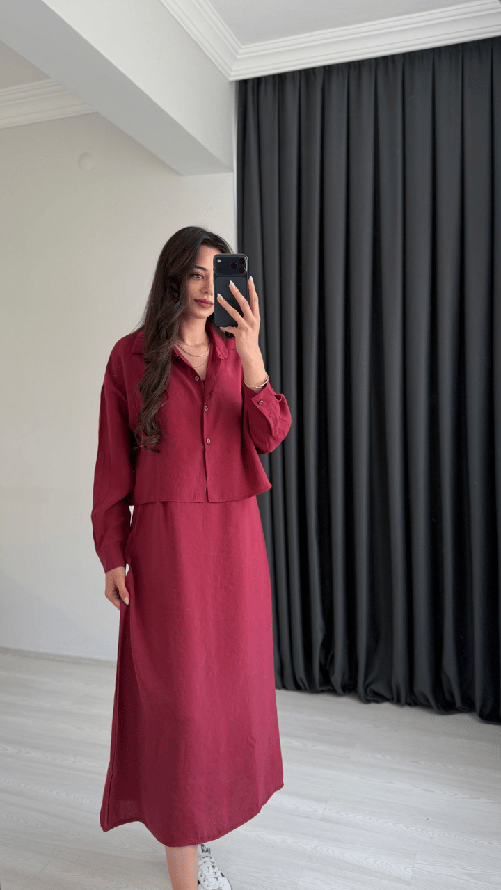 Reva Tensel Kumaş Gömlekli Elbise Takım Bordo