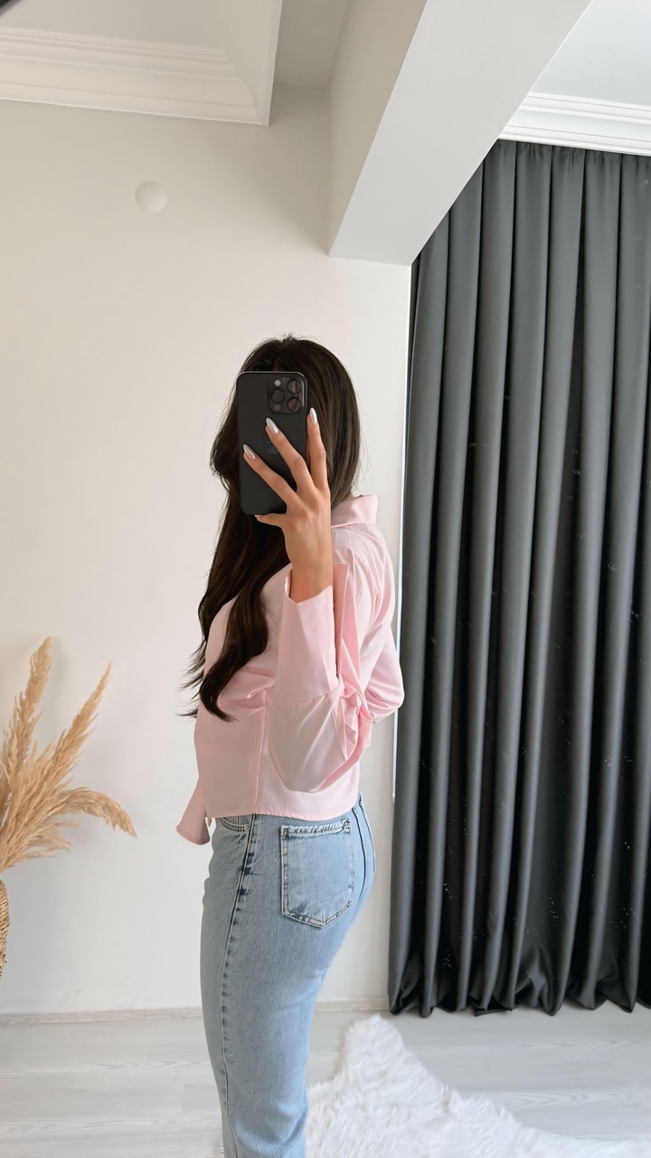 Ruffle Pembe Kruvaze Bağlamalı Gömlek