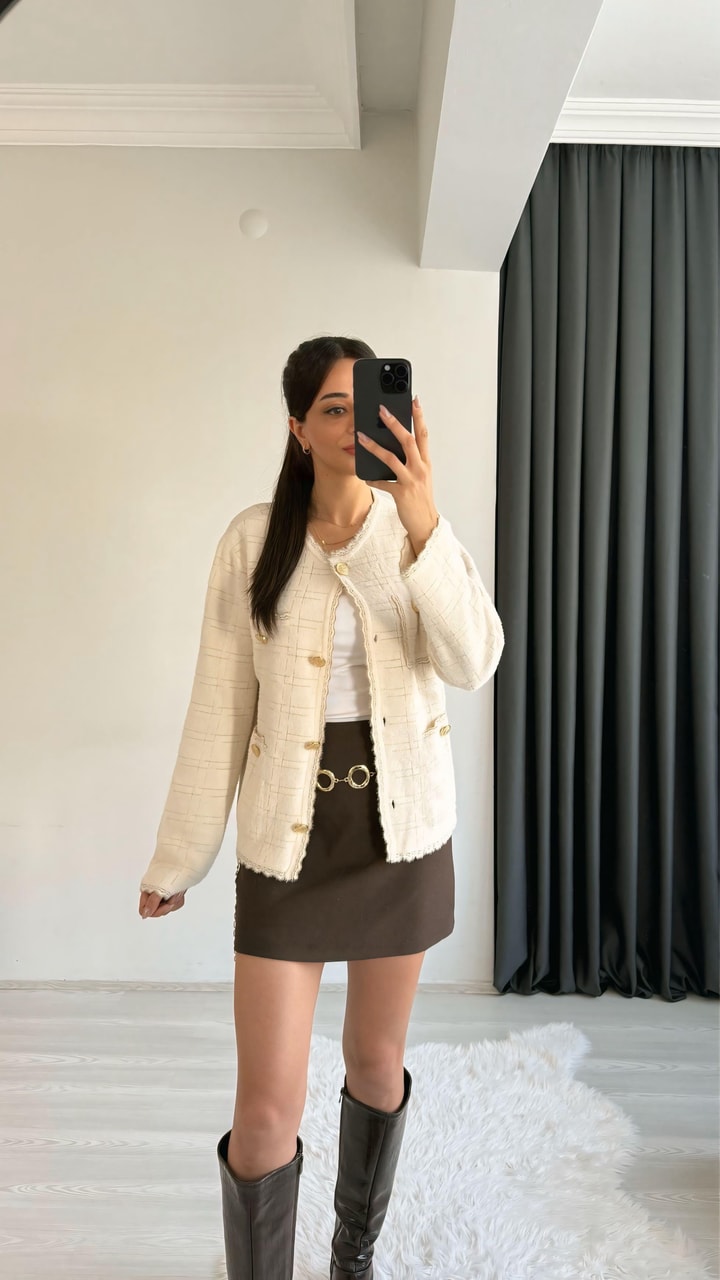 Sammy Premium Gold Geçişli Triko Hırka Ceket Krem