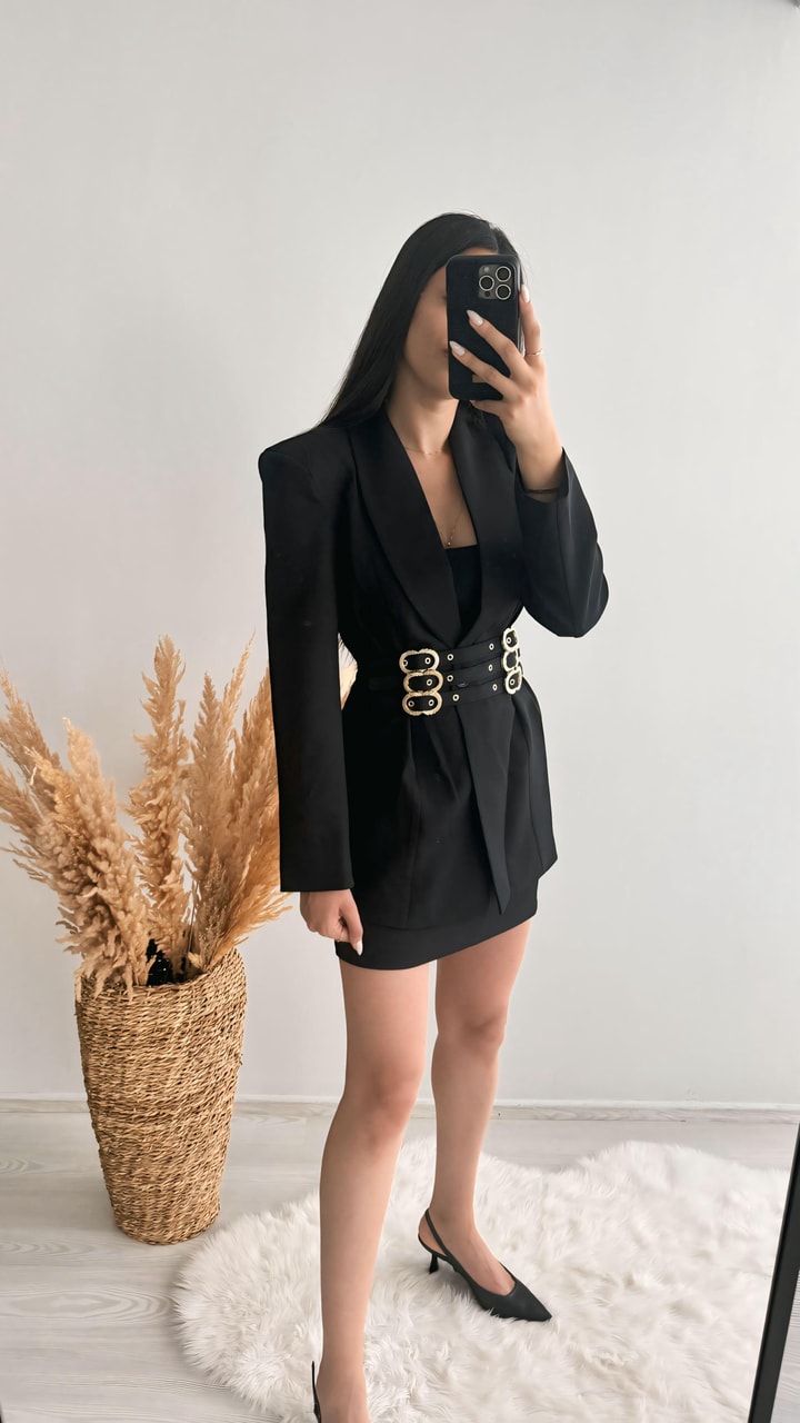 Tasarım Tokalı Blazer Ceket Siyah