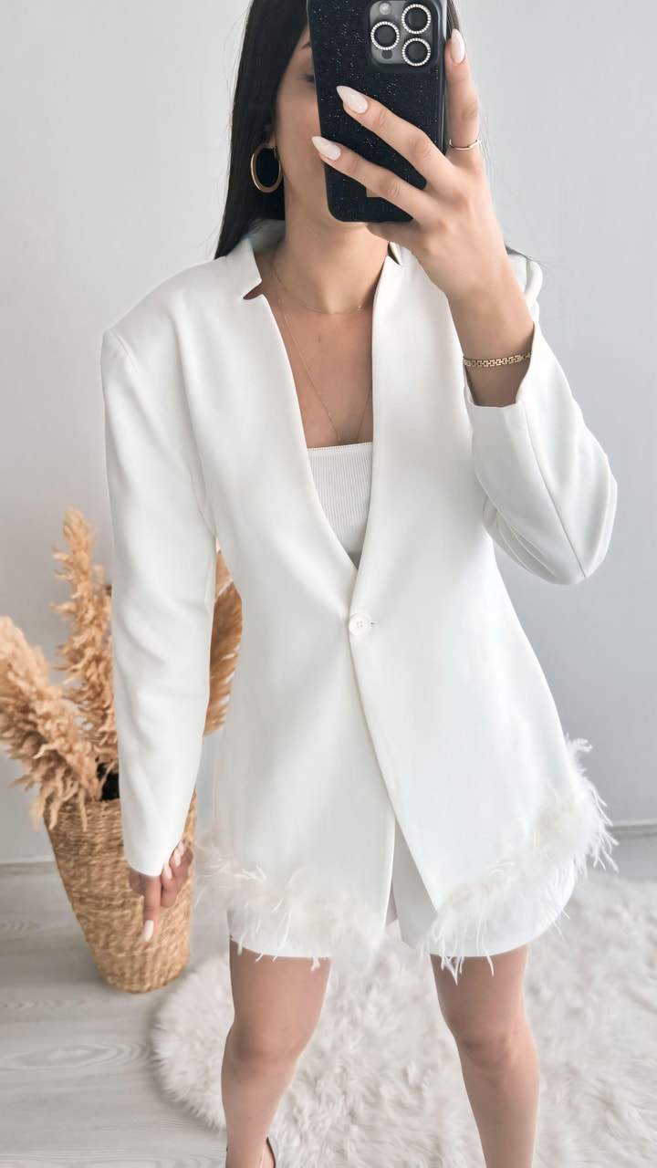 Tasarım Tüylü Tek Düğmeli Blazer Ceket Beyaz