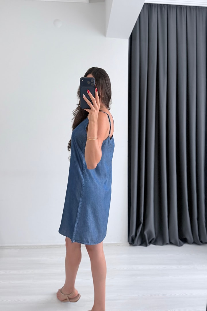 Tayna  İpek Tensel Koyu Mavi Denim Elbise