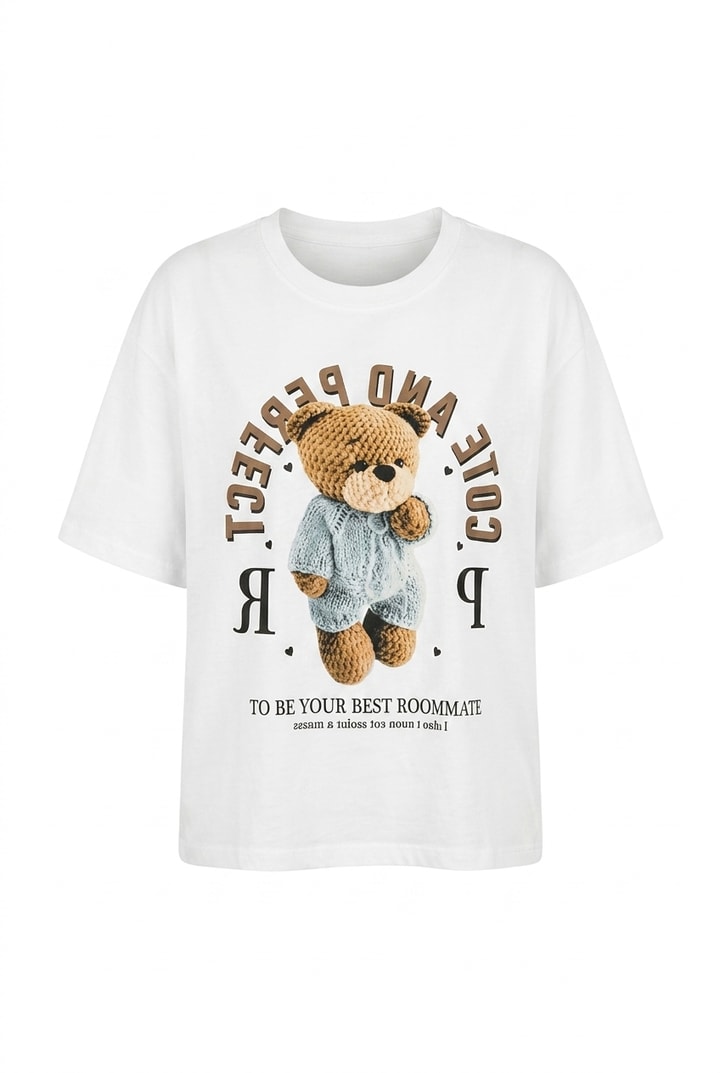 Teddy Baskılı Pamuklu  Basic Tshirt Beyaz