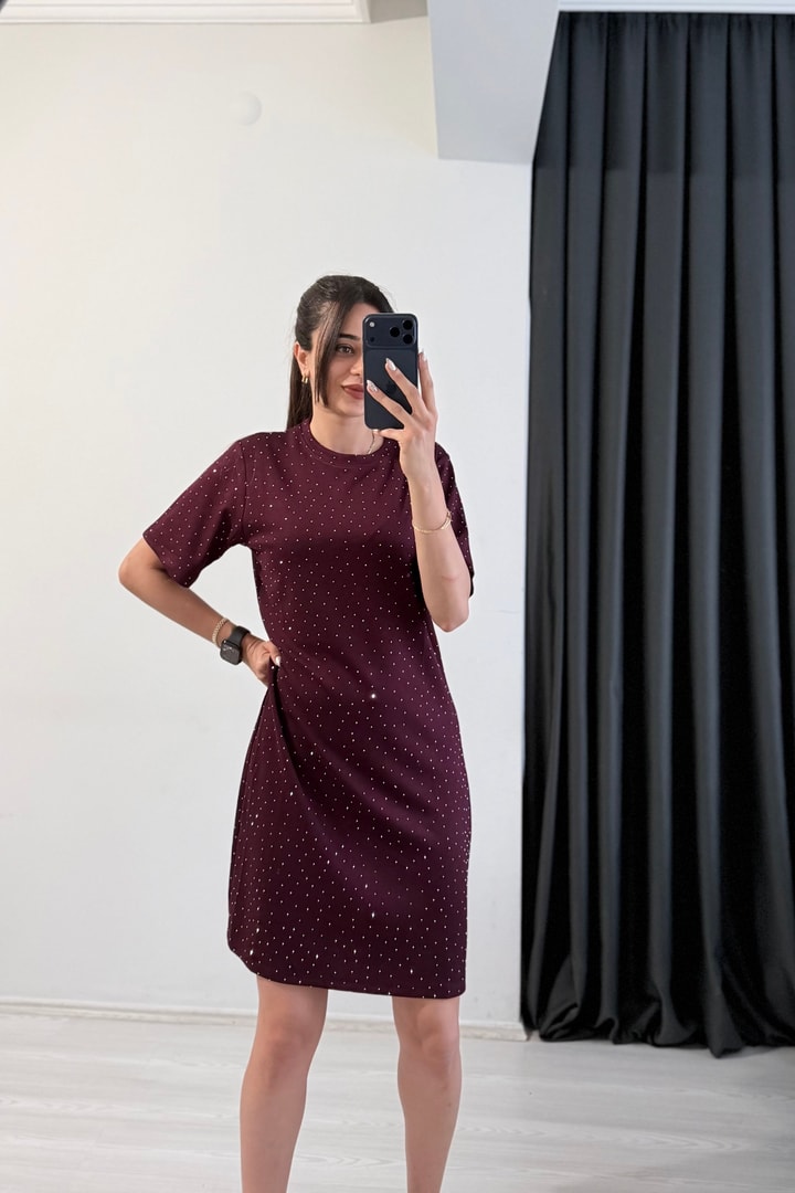 Versa Modal Kumaş Taş Detaylı Bordo Elbise