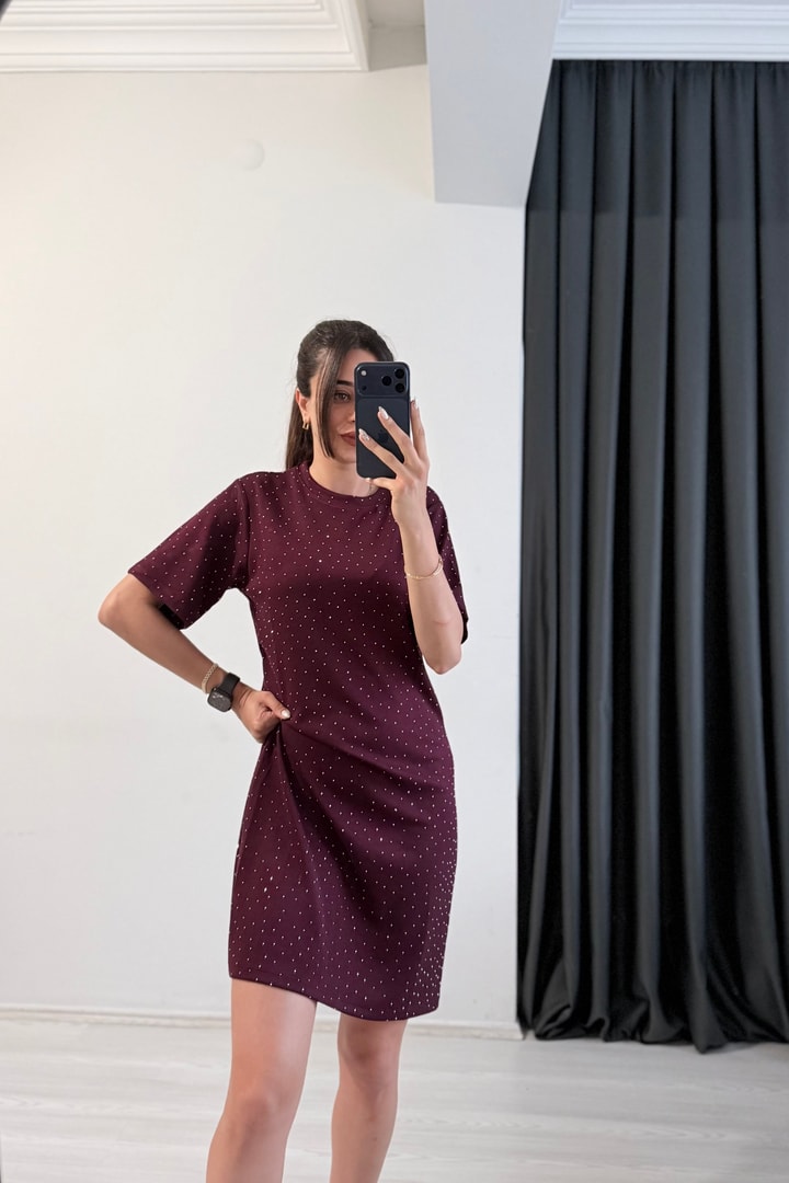 Versa Modal Kumaş Taş Detaylı Bordo Elbise