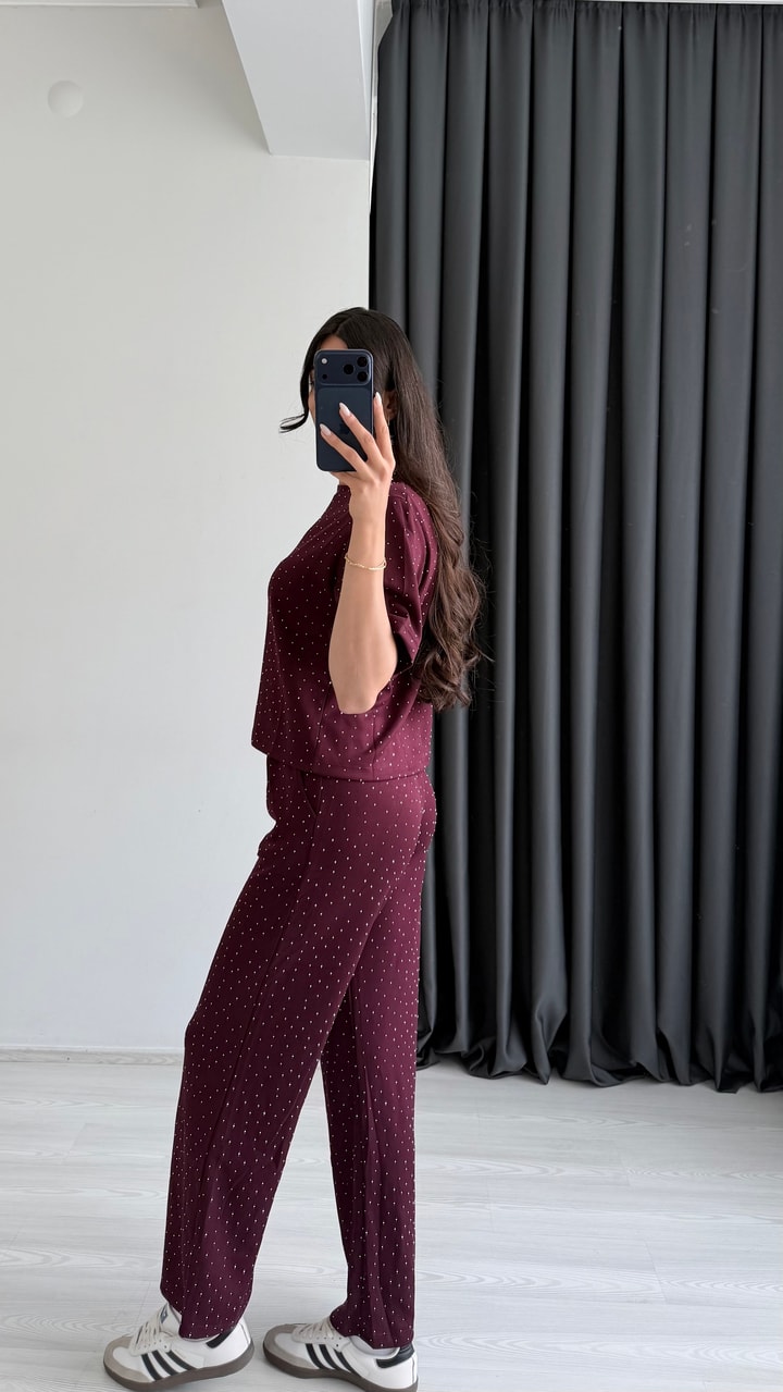 Versa Modal Kumaş Taş Detaylı Bordo Takım