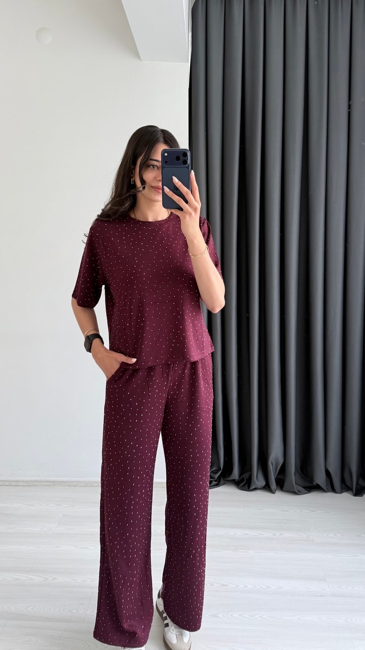 Versa Modal Kumaş Taş Detaylı Bordo Takım