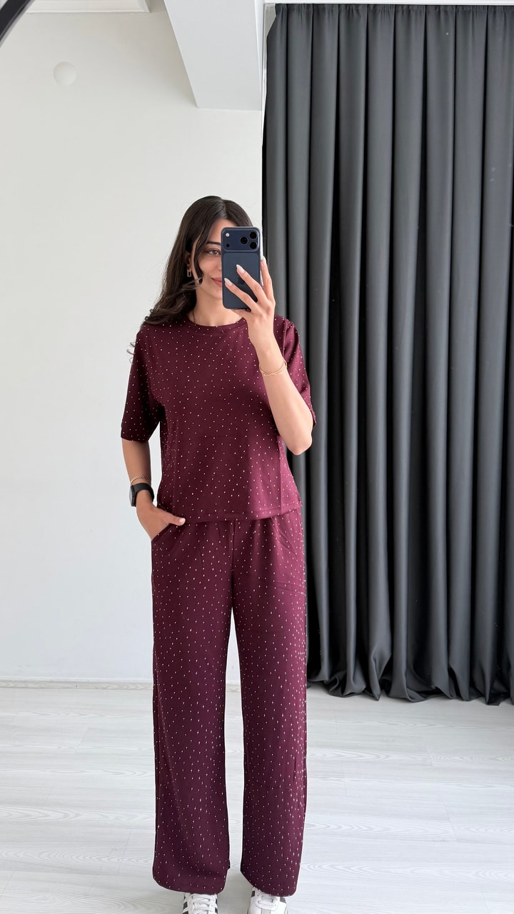 Versa Modal Kumaş Taş Detaylı Bordo Takım