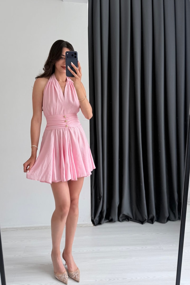 Vietnam Pembe Boyundan Bağlama Mini Elbise