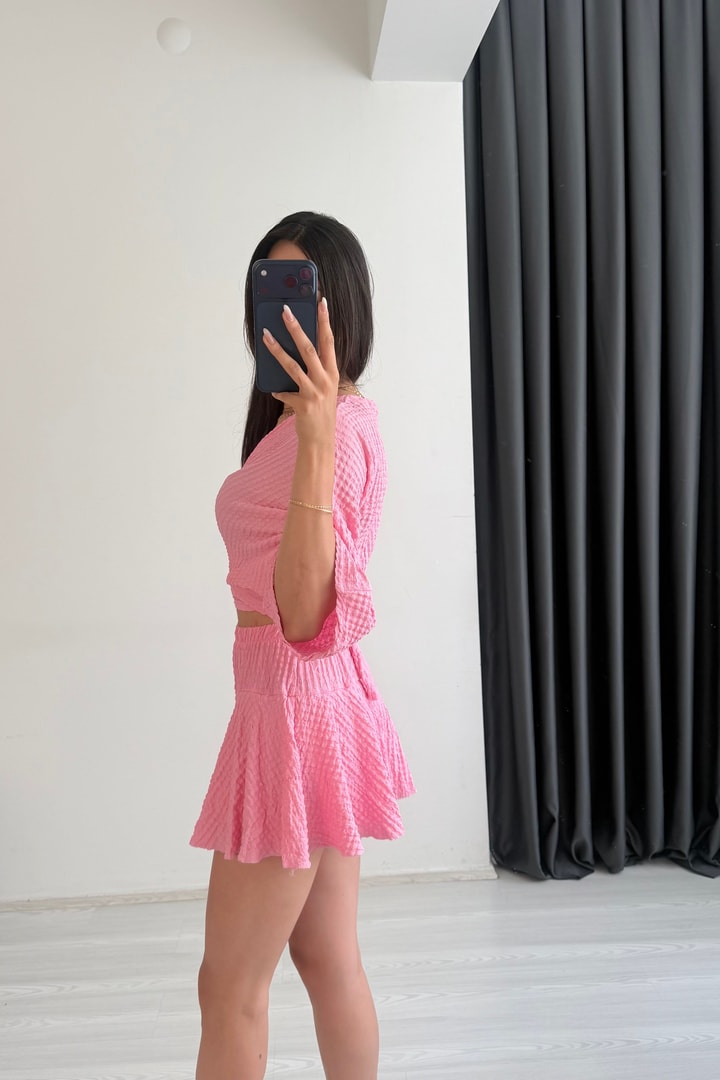 Viola Bürümcük Kumaş Pembe Etek Bluz Takım