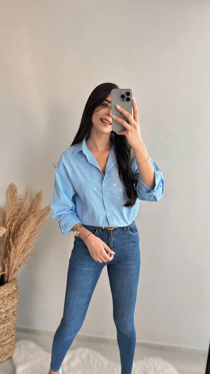 Wore Taş Detaylı Gömlek Mavi