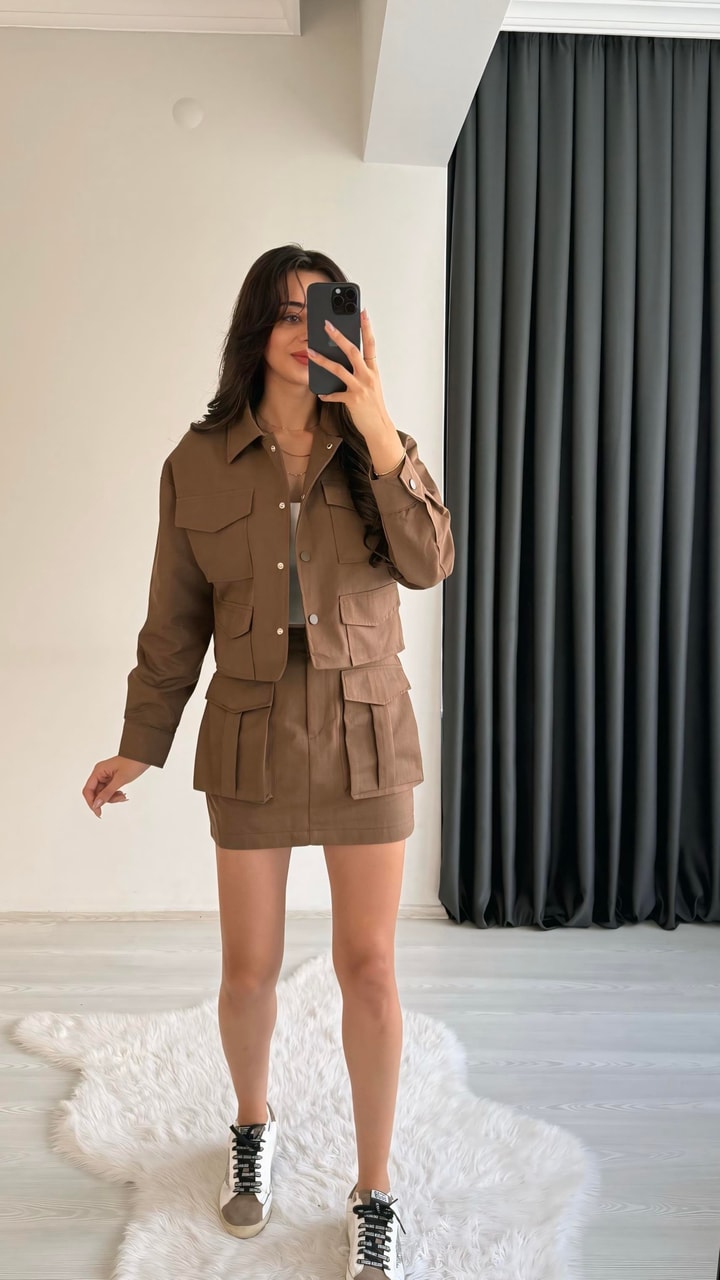 Yesenia Kahve Gabardin Tensel Cepli Takım