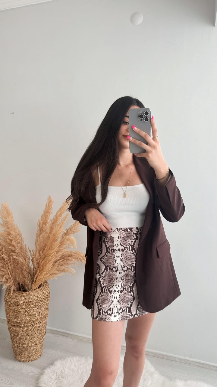 Yılan Desenli Mini Etek Kahve