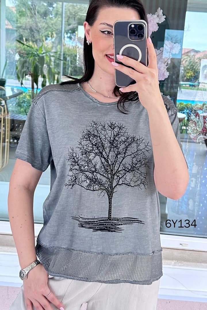 Ağaç Baskılı Fileli Pamuk Bluz